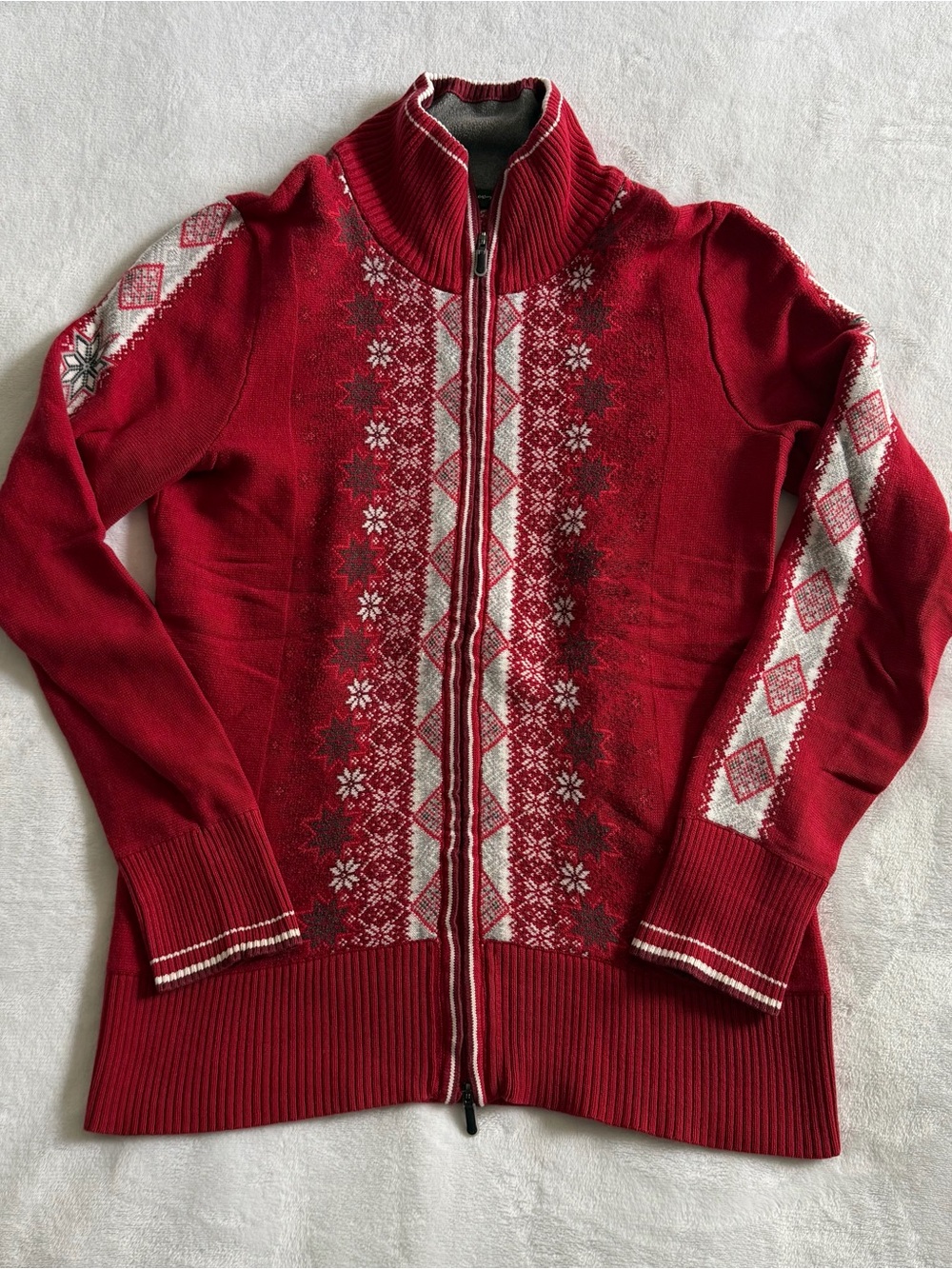 Eddie Bauer Women's Red Fair Isle Snowflakes
Full Zip Sweater Combed Cotton Sz M